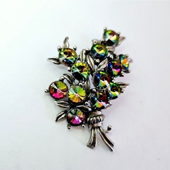 Vintage Hollycraft Watermelon Aurora Borealis Rivoli Rhinestone Bouquet Brooch - Picture 1 of 7